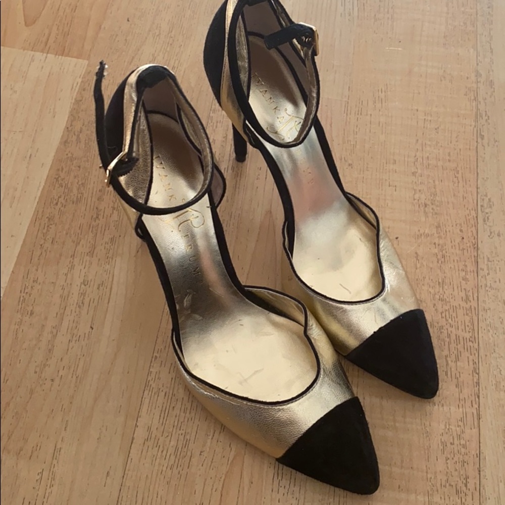 AS IS Ivanka Trump gold/blk suede ankle wrap heels
